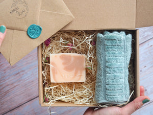Myrtle MyBox GLOW with a Rose Blossom organic facial soap bar & organic cotton face towel
