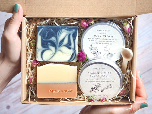 Myrtle MyBox SELF CARE with ylang ylang body cream, cranberry spice sugar scrub & two natural soaps