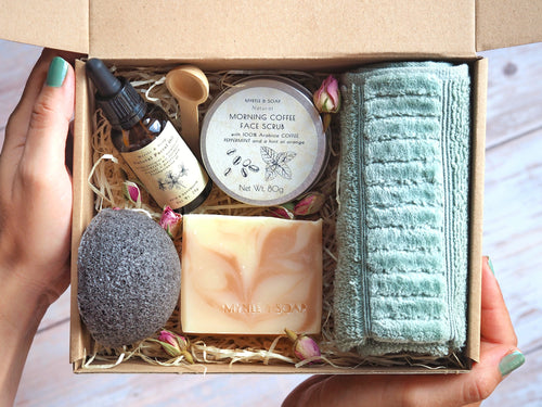 Myrtle MyBox VELVET with organic facial soap, face scrub, facial oil, Konjac sponge & organic cotton face towel