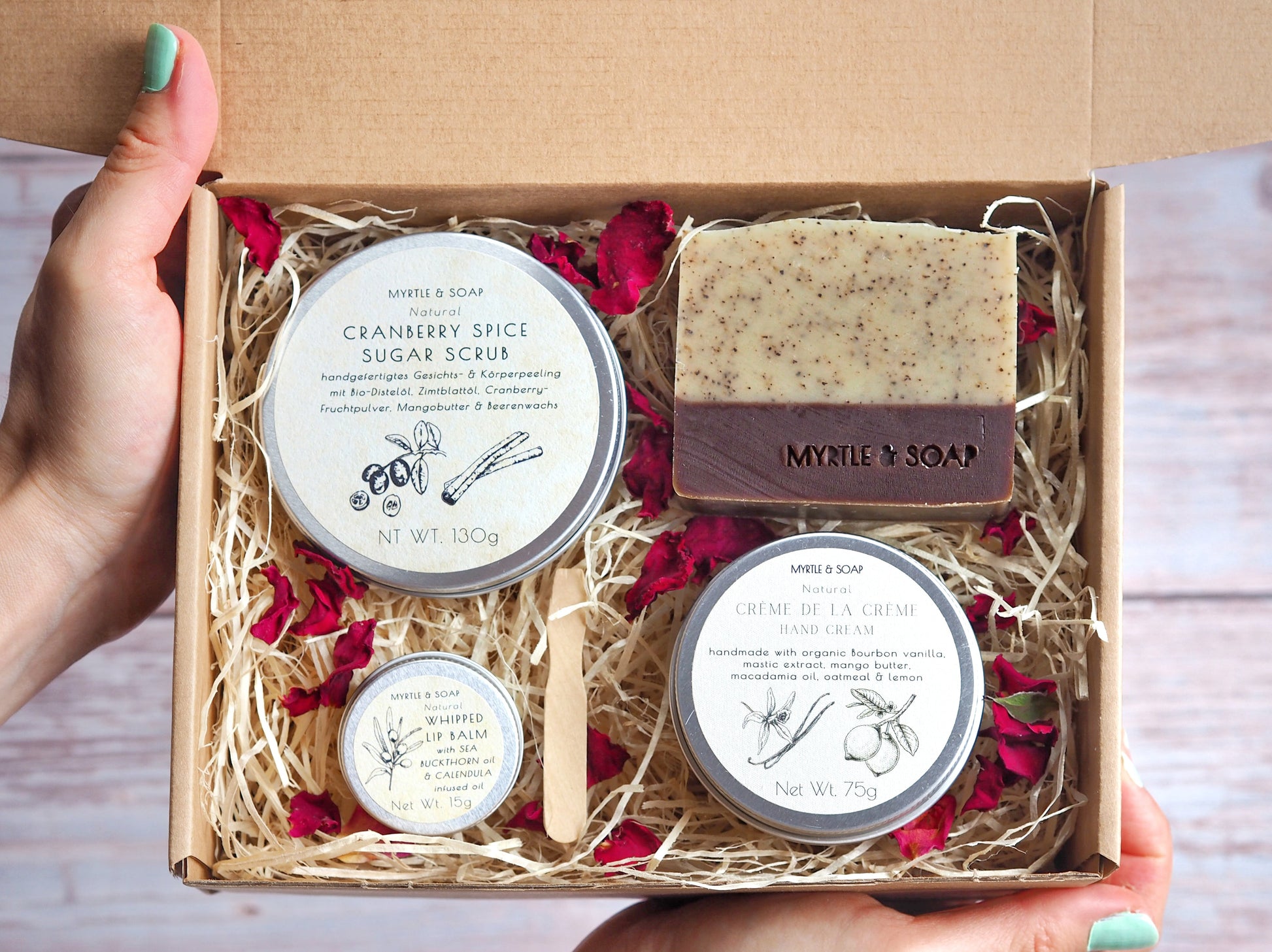 RUSTIC CHIC Natural Skincare Box Set with a natural hand cream, soap, lip balm, and cranberry spice sugar scrub