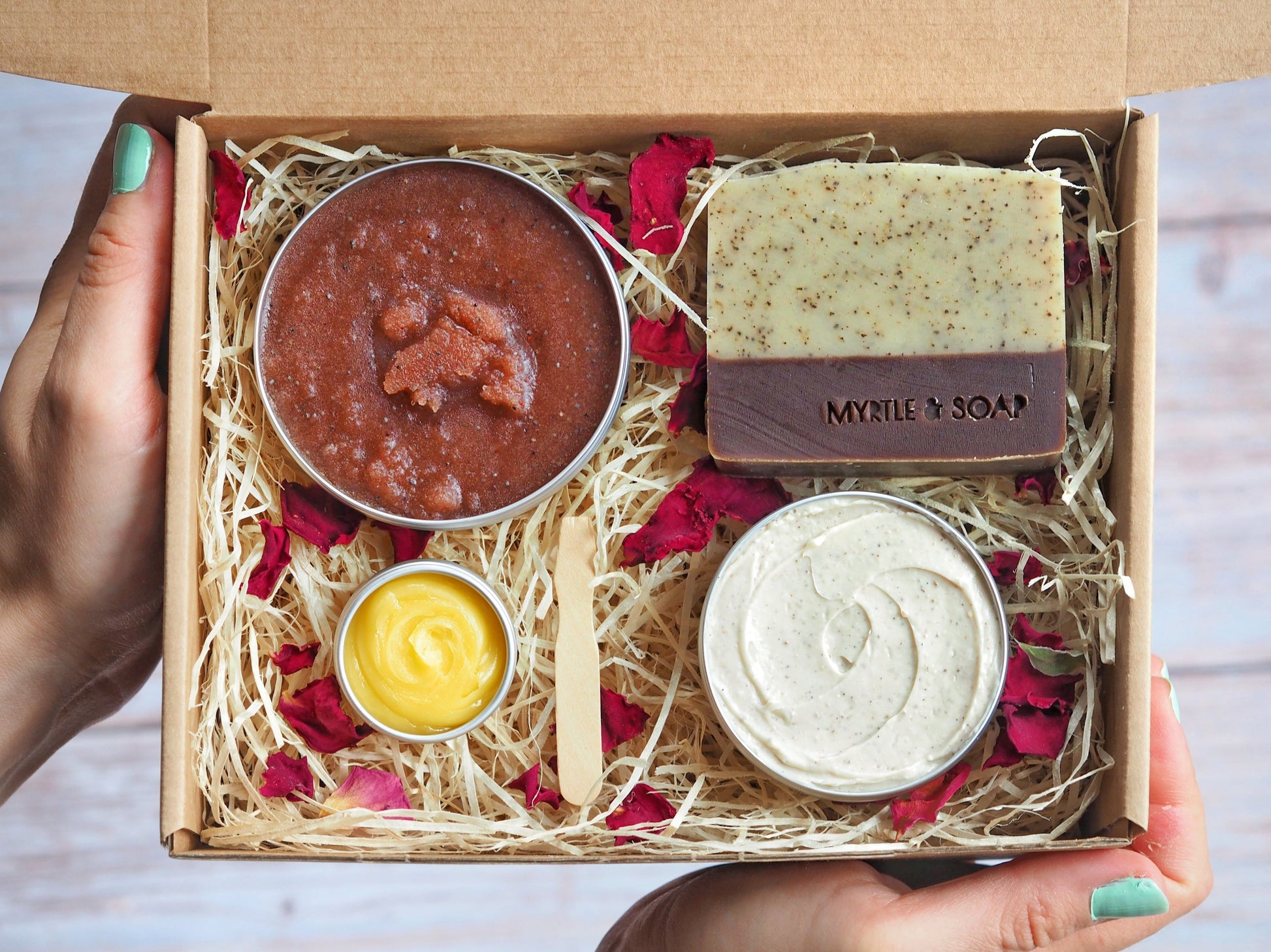 RUSTIC CHIC Natural Skincare Box Set with a natural hand cream, soap, lip balm, and cranberry spice sugar scrub